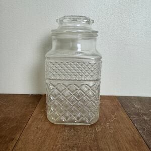 Vintage Clear Pressed Glass Diamond Point Square Apothecary Jar Canister Lid‎